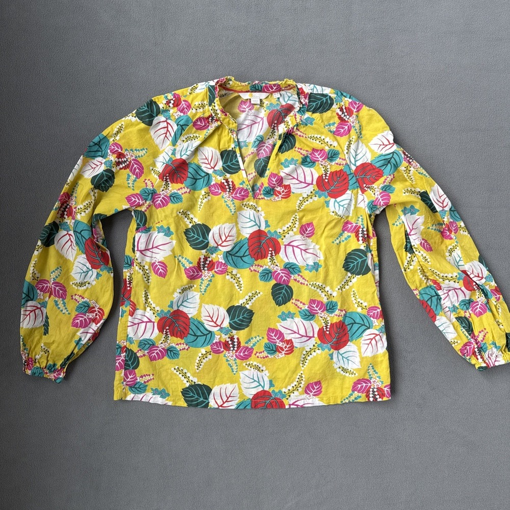 Boden Popover Top Floral Long‎ Sleeve Leaves Blouse UK 10 Sz US 6 Yellow